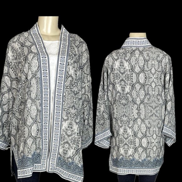 Max Studio L Black Printed Blue Border Print Open Front 3/4 Sleeve Kimono Jacket - Picture 1 of 6
